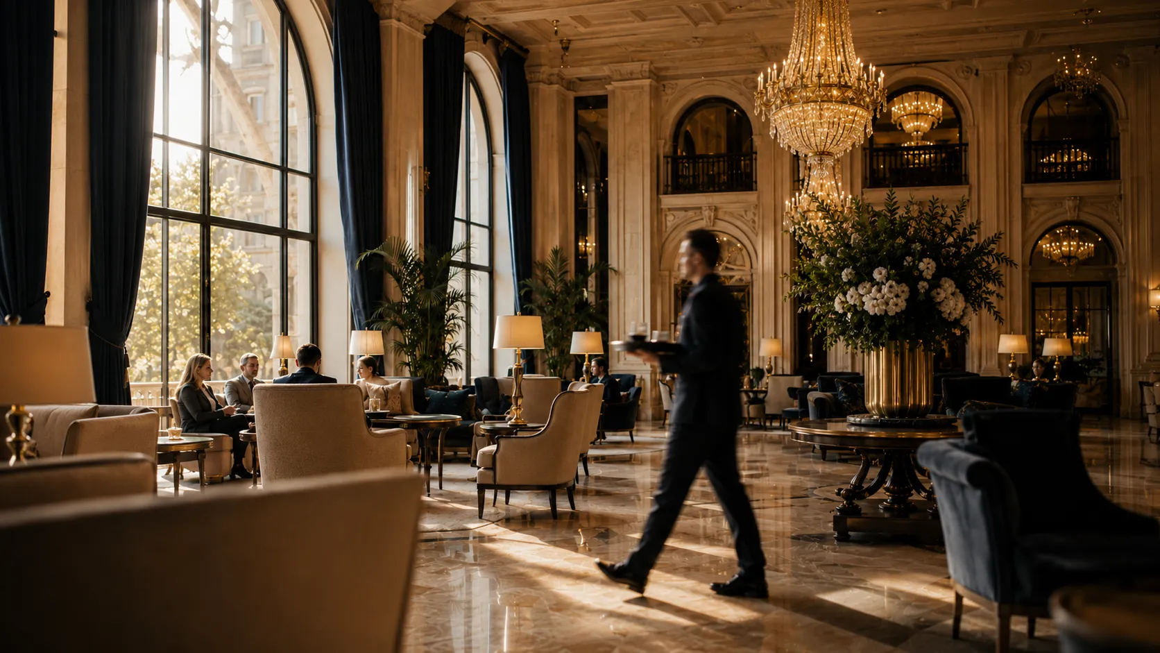Guests and service staff in the lobby of a five-star hotel