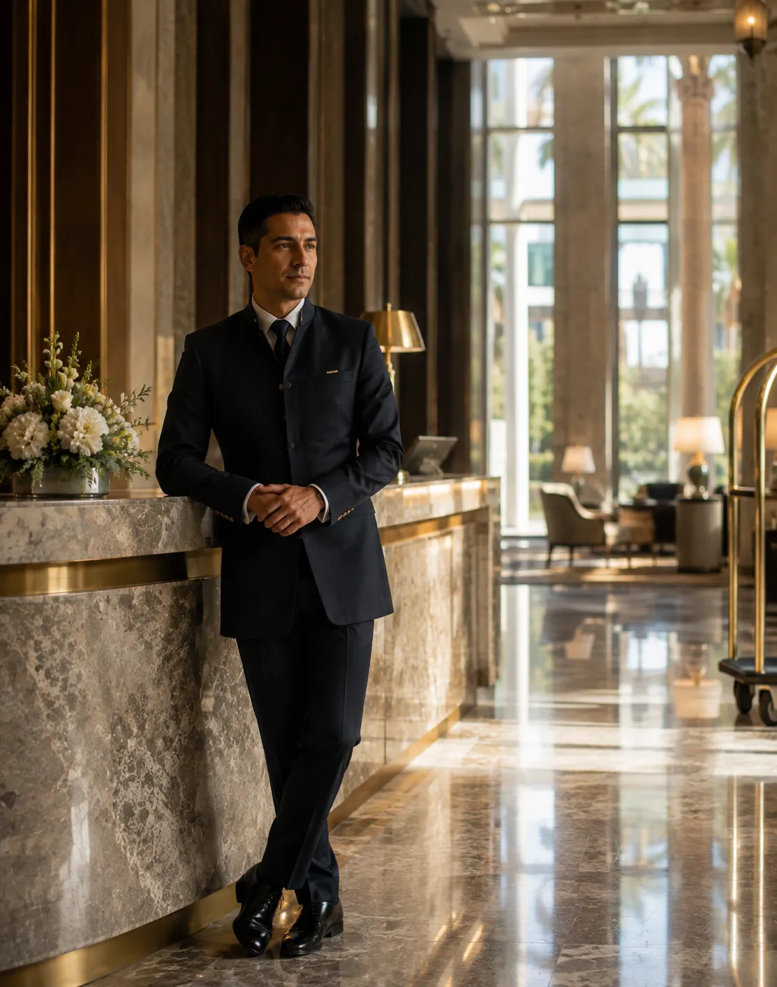 A Stayco Services concierge at the reception desk of a five-star hotel