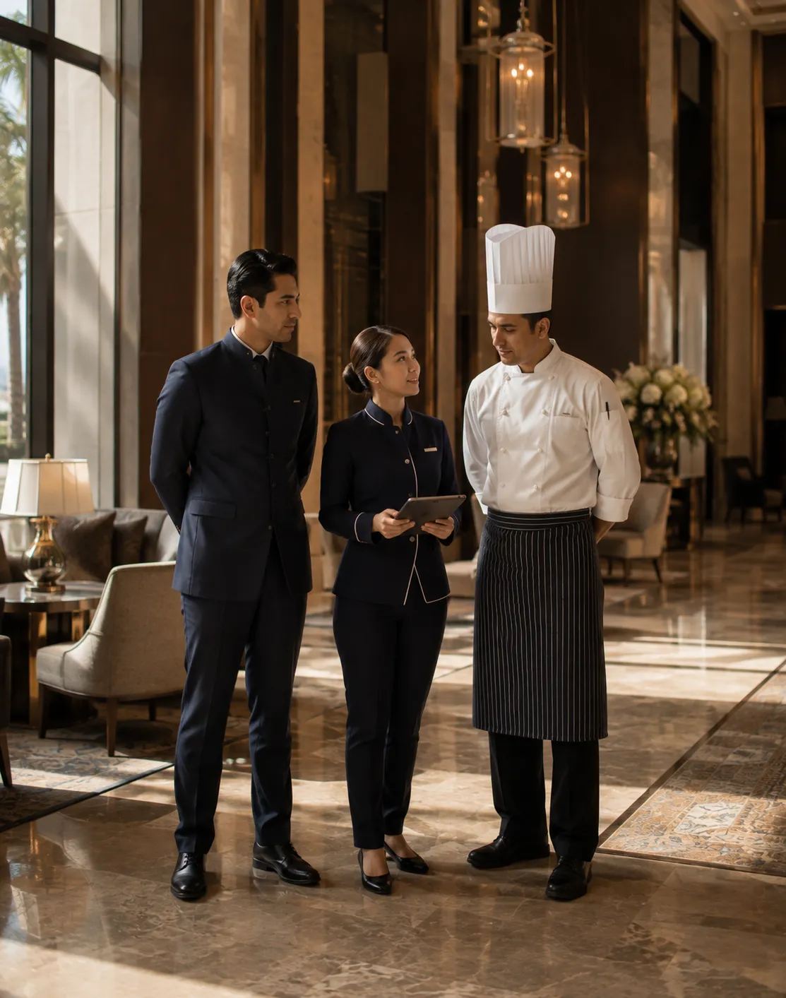 A Stayco Services crew assembled in a hotel lobby before opening