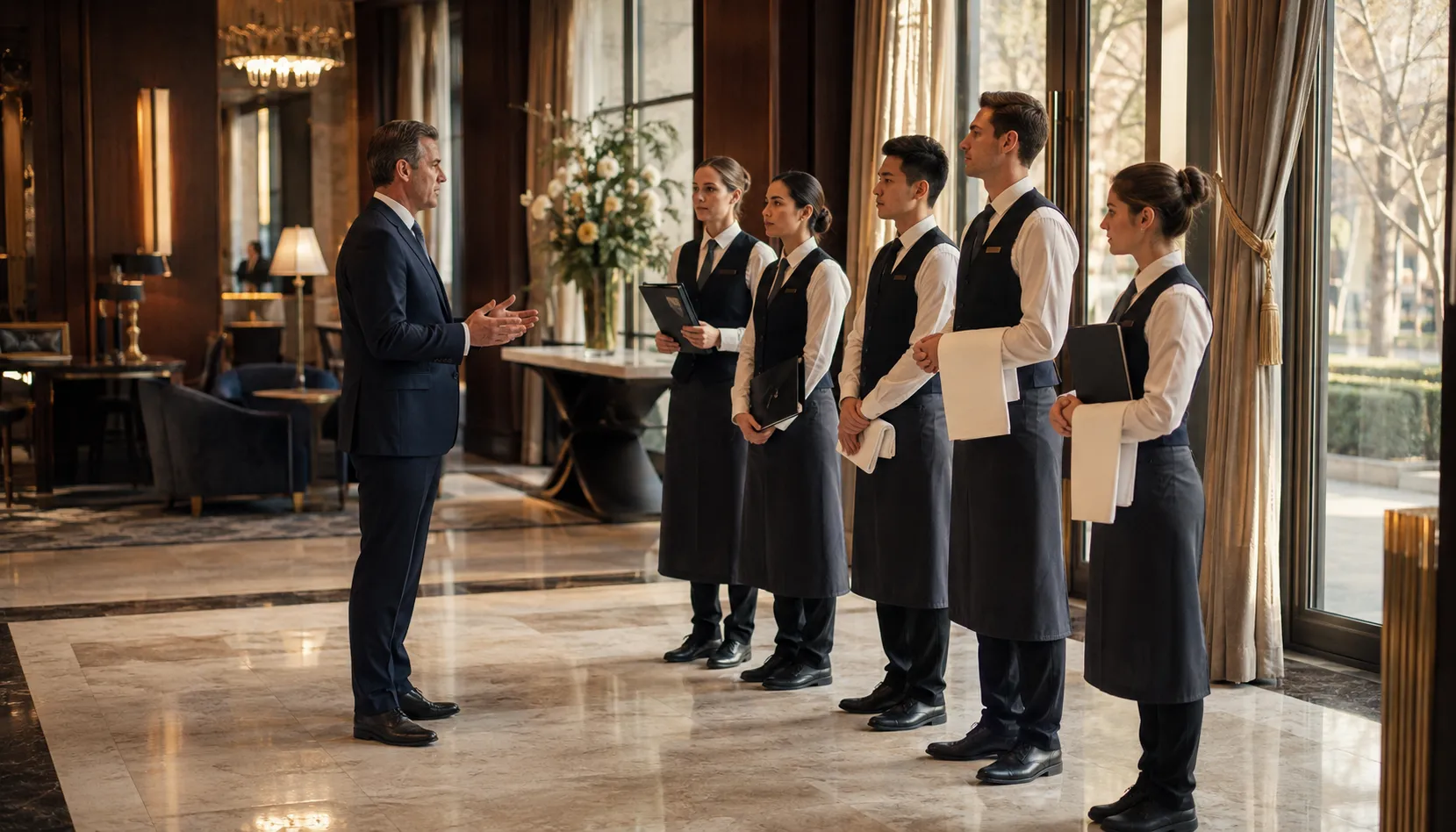 An operations director briefing hospitality staff before service