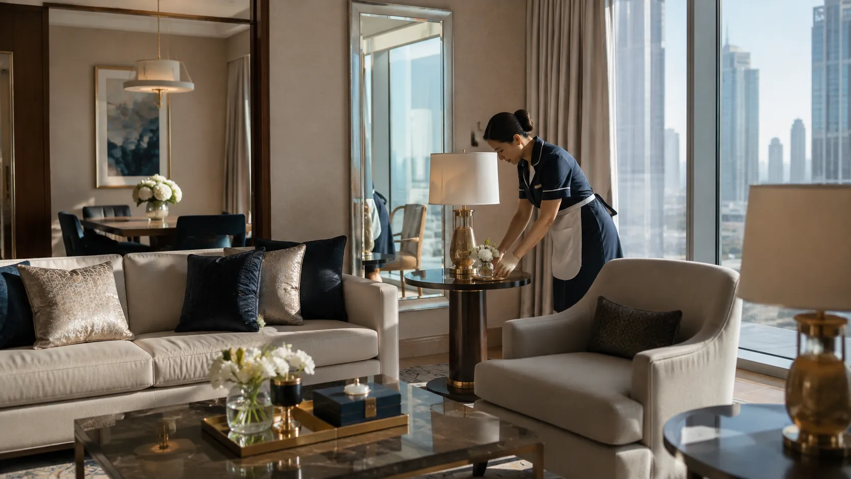 Housekeeping staff maintaining a premium serviced apartment